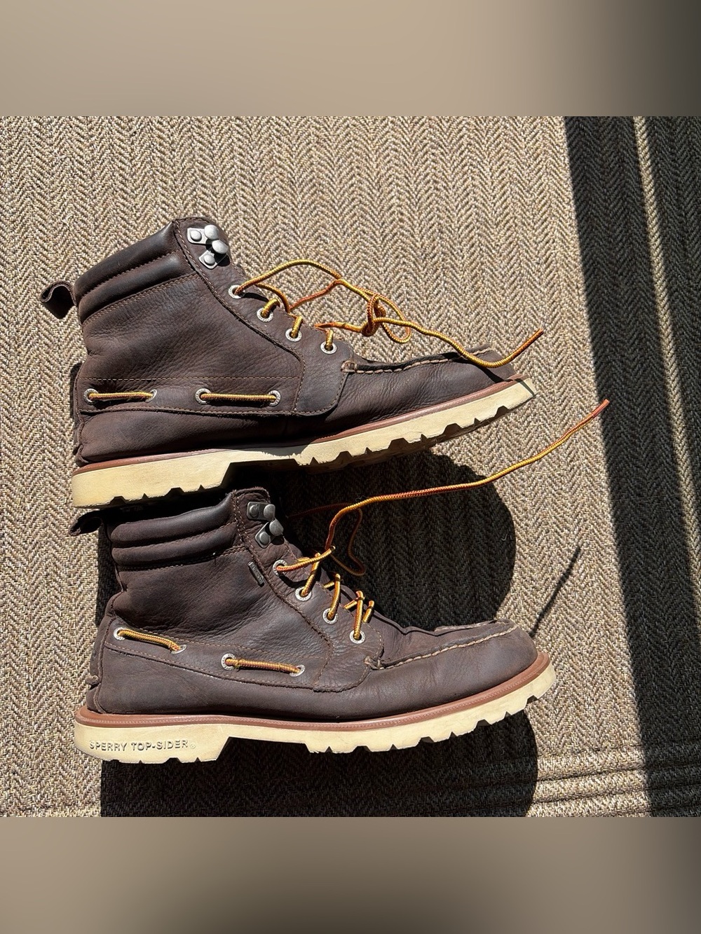 Sperry Dark Brown Leather Moc Toe Lace-Up Boots with Tan Laces